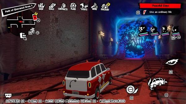 Screenshot from Persona5: The Phantom X showing a car on a track heading towards a glowing blue portal.