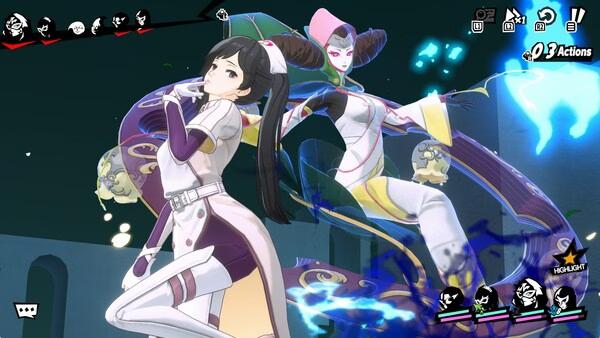 Screenshot of Persona5: The Phantom X showing a character in white battling a colorful enemy with glowing effects in combat.
