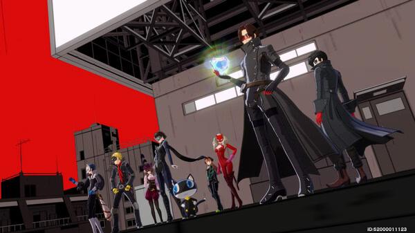 Screenshot from Persona5: The Phantom X showing a group of characters in stylish outfits on a rooftop against a red sky.