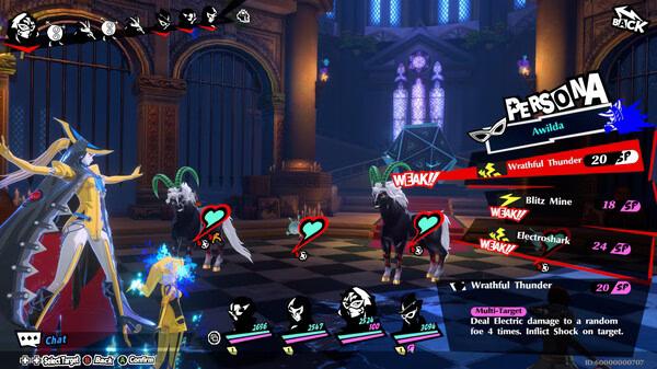 Screenshot from Persona5: The Phantom X, showing a character battling three enemies in a cathedral-like setting.