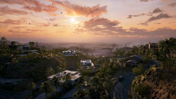 Screenshot from Dead Island 2 showing a scenic sunset view of a residential area with houses, trees, and a distant misty horizon.