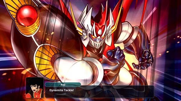 A screenshot from SUPER ROBOT WARS Y showing Koji's mecha performing the Dynamite Tackle attack with vibrant effects.