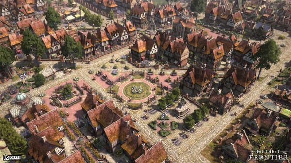 Farthest Frontier screenshot: An aerial view of a bustling medieval town square surrounded by quaint houses and cobblestone streets.