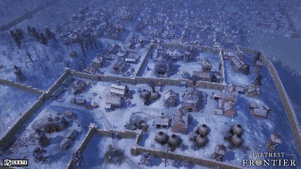 Screenshot of Farthest Frontier showing a snowy village scene with houses, walls, and scattered trees under a light snowfall.