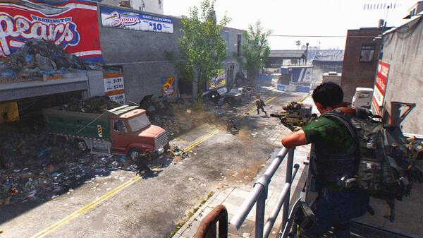 A screenshot from Tom Clancy’s The Division® 2 shows an agent aiming at enemies in a debris-filled urban street.
