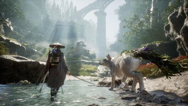 Screenshot from Beast of Reincarnation showing a traveler with a staff and a large wolf by a serene river under ancient arches.