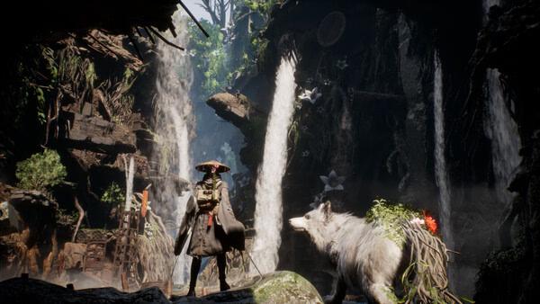 Screenshot from Beast of Reincarnation showing a warrior in a hat facing a mystical creature in a lush waterfall cave.