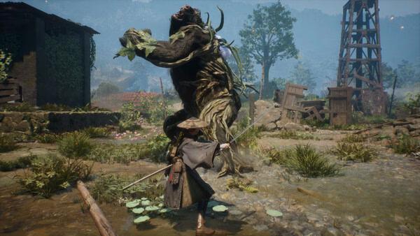 Screenshot from Beast of Reincarnation showing a player battling a massive tree-like beast in a lush, rural environment.