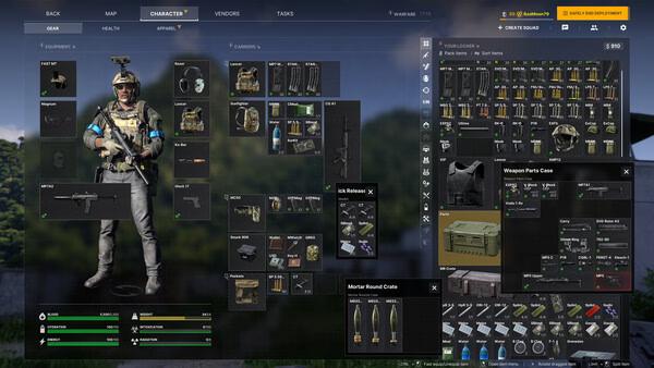 This is a Gray Zone Warfare screenshot showing a player's inventory screen with various weapons, armor, and equipment.