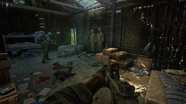 Gray Zone Warfare screenshot: A player aims a rifle inside a dilapidated house, with fallen enemies and supplies scattered around.