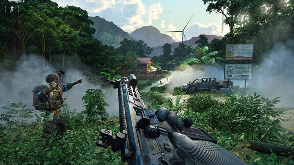 Screenshot from Gray Zone Warfare showing a soldier aiming a rifle in a jungle with a wind turbine and smoke in the background.