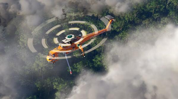 Screenshot from Microsoft Flight Simulator 2024 showing an orange helicopter flying over a dense forest below misty clouds.