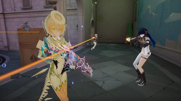 Screenshot from Strinova showing a character in ornate armor battling two opponents in a courtyard, with laser beams exchanged.