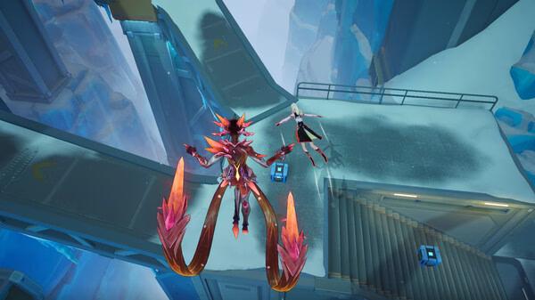 Strinova screenshot: A fiery creature battles a humanoid figure on a snowy platform surrounded by icy structures.