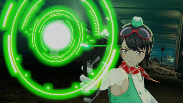 Screenshot from Digimon Story Time Stranger showing a character aiming a futuristic gun with green digital effects in a tunnel.
