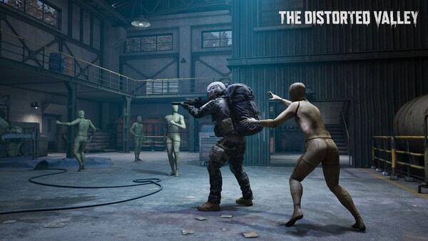 Screenshot from Arena Breakout: Infinite shows a soldier aiming a gun while surrounded by mannequin figures in a warehouse.