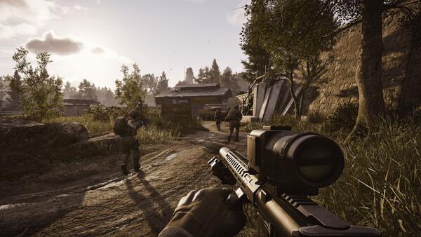 A screenshot from "Arena Breakout: Infinite" showing players navigating a forest path with weapons drawn at sunset.