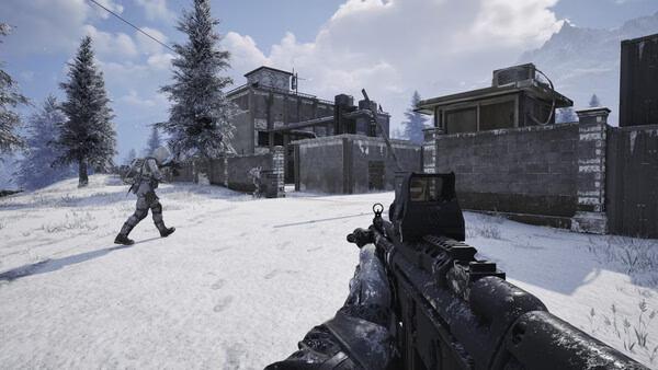 Screenshot from Arena Breakout: Infinite showing a snowy battlefield, armed soldier approaching, and a rifle aimed at a building.
