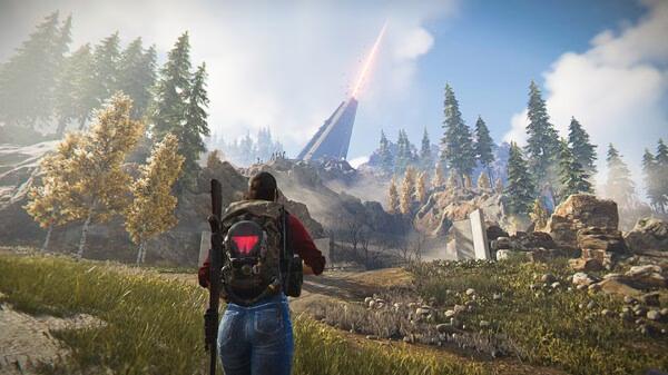 A screenshot from Once Human showing a player exploring a forested area with a glowing tower visible in the distance.