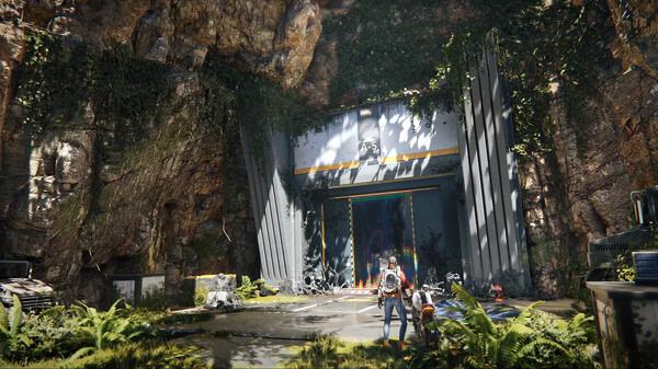 A screenshot from Once Human showing a player standing near a futuristic structure surrounded by greenery and rocky terrain.