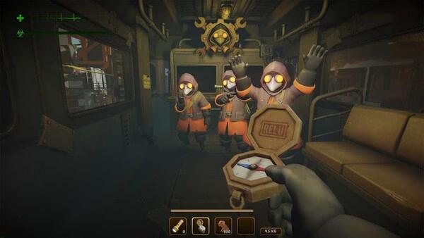 Screenshot from MIMESIS game showing three hooded figures with glowing eyes inside a dimly lit train car, one holding a compass.