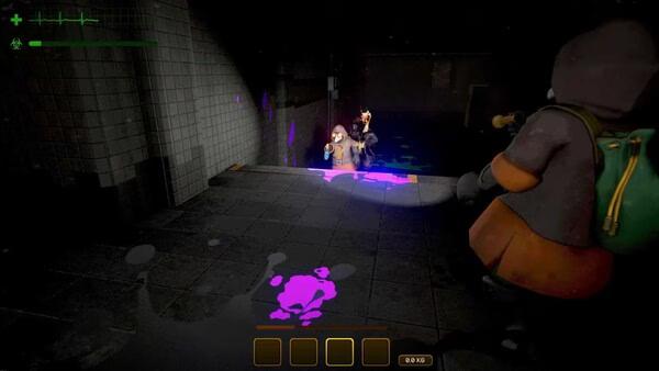 Screenshot from MIMESIS game showing a character with a backpack holding a flashlight, illuminating a dark, tiled corridor with purple stains.