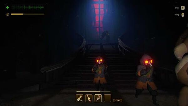 Screenshot from MIMESIS: Three characters in glowing goggles and hooded outfits descend a dimly lit staircase, with eerie red light ahead.