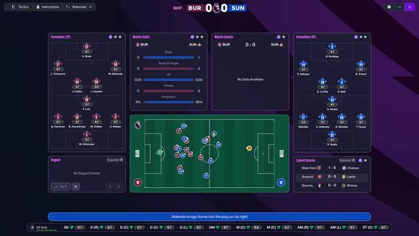 Football Manager 26 screenshot: Match tactics screen showing formations, player stats, match events, and live pitch view of BUR vs SUN.