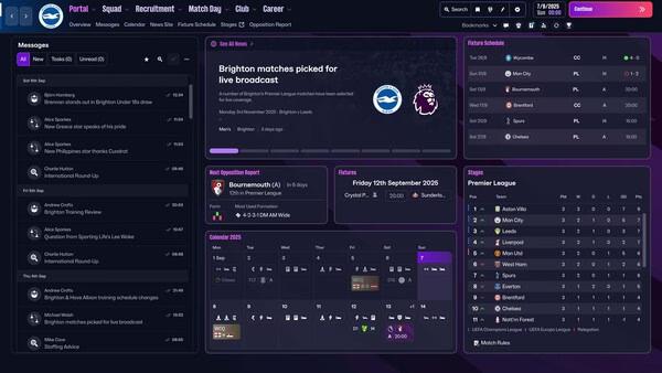 Football Manager 26 screenshot showing a team dashboard with messages, fixtures, league table, and broadcast match details.