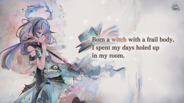 Screenshot from MementoMori: A witch with long hair stands holding an ornate umbrella, text about her frail body displayed.