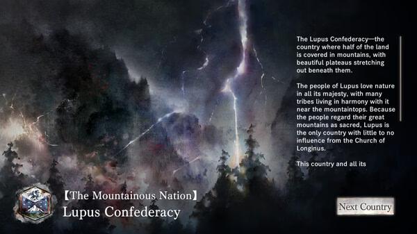 Screenshot from MementoMori showing an atmospheric scene of the Lupus Confederacy, featuring mountains and dramatic lightning.