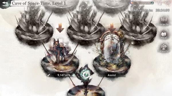 Screenshot from MementoMori game showing Cave of Space-Time, Level 1. Features a wolf and a mirror portal at the center.
