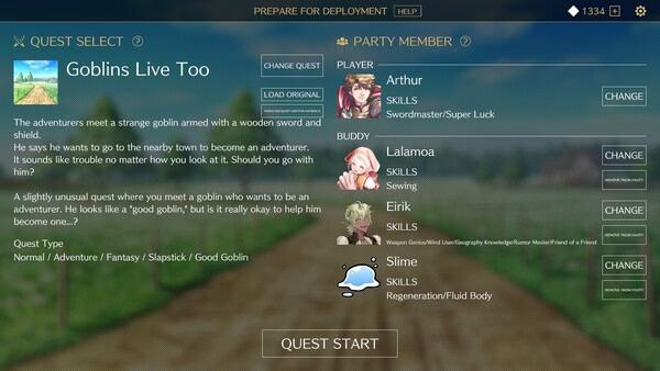 Screenshot of Saga & Seeker game showing quest selection screen with Arthur, Lalamoa, and Slime as party members for "Goblins Live Too."