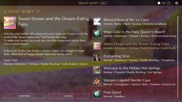 Screenshot of 'Saga & Seeker' quest selection menu, showing various quests like "Sweet Dream and the Dream-Eating Fairy."
