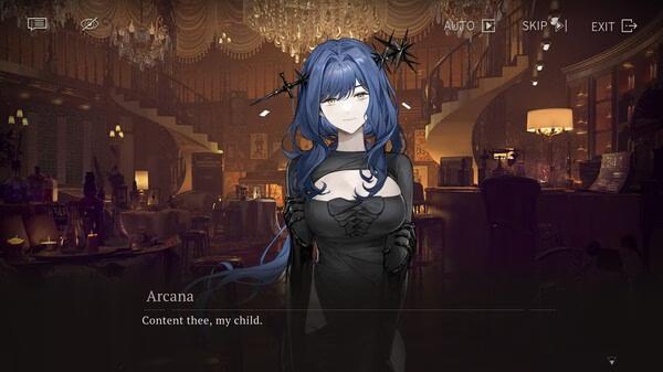 Screenshot from Reverse: 1999 showing Arcana, a character with blue hair, standing in an elegant, dimly lit room.