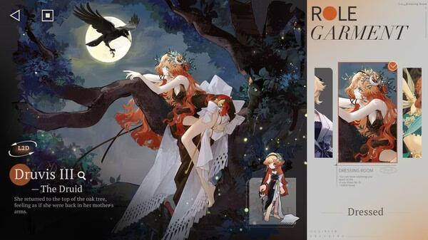 Screenshot from 'Reverse: 1999' showing Druvis III Q, The Druid, perched on a tree with a crow and the moon in the background.