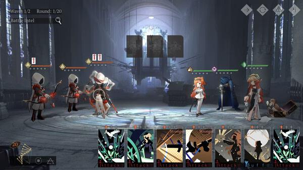 Screenshot from Reverse: 1999 showing a battle scene with characters ready to attack, displaying various ability cards below.