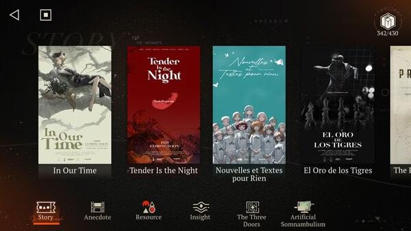 Screenshot from Reverse: 1999 showing a selection of story chapters with titles like "In Our Time" and "Tender is the Night."