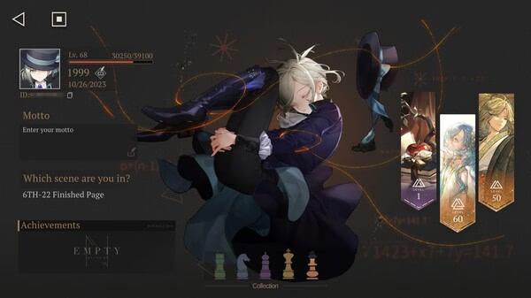Game screenshot from Reverse: 1999 showing a character in a dynamic pose with in-game menu options and achievements.