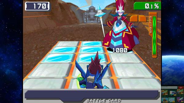 Screenshot from Mega Man Star Force Legacy Collection showing a battle scene with Mega Man facing a powerful enemy character.