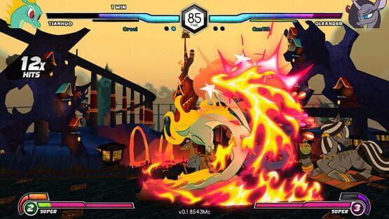 Screenshot of Them's Fightin' Herds showing a fiery battle between Tianhuo and Oleander in a colorful, animated arena.