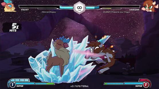 Them's Fightin' Herds screenshot: Velvet and Arizona face off in a vibrant arena filled with colorful crystals.