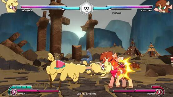 Them's Fightin' Herds screenshot: Paprika, an alpaca, battles Arizona, a cow, in a rocky desert arena with teepees.