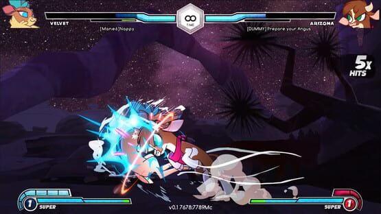 Them's Fightin' Herds screenshot: Velvet and Arizona battle in a cosmic arena, with colorful attack effects and a 5x hit combo visible.