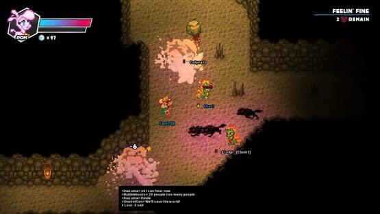 Them's Fightin' Herds screenshot: Players explore a cave battling shadow creatures, with health bars and chat visible on screen.
