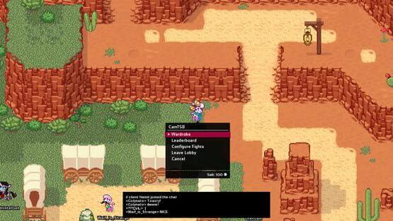 Them's Fightin' Herds screenshot: A colorful desert scene with a character near wagons, menu options displayed on screen.