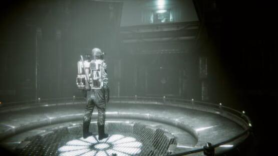 Astronaut stands in a dimly lit, circular metallic chamber in this Eternal Threads game screenshot.
