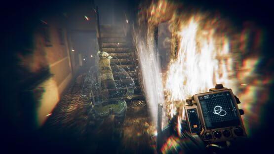 A screenshot from Eternal Threads showing a burning staircase, a holographic figure, and a device displaying a circular interface.