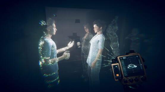 A screenshot from Eternal Threads showing holographic figures interacting, with a handheld device displaying data in the foreground.