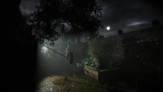 A screenshot from Eternal Threads showing a dimly lit outdoor scene with a clothesline, trees, and a moon in the cloudy night sky.